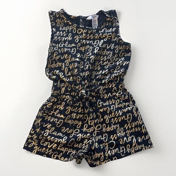 Guess Kids Romper Girls 4t Toddler Black Gold Spell Out Guess Happy Love - Picture 1 of 5
